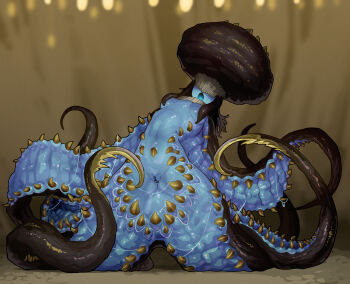 1girl absurdres bar_censor black_skin blue_skin blue_tongue breasts brown_background censored claws colored_skin colored_tongue commentary_request covered_eyes ekrea_jan full_body highres leaning_back monster_girl monster_hunter_(series) monster_hunter_wilds multicolored_skin navel obscured_eyes open_mouth personification pussy scylla slime_(substance) small_breasts solo spikes spread_legs stomach tentacle_arm tentacle_hair tentacles underboob wet xu_wu_(monster_hunter)