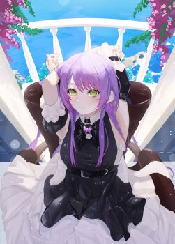 Rule 34 | 1girl, absurdres, arms behind head, arms up, balcony, black dress, breasts, closed mouth, cowboy shot, dress, edge ill, flower, green eyes, hashtag-only commentary, highres, hololive, long hair, looking at viewer, parted bangs, pink flower, purple hair, sitting, small breasts, smile, solo, swept bangs, tokoyami towa, virtual youtuber