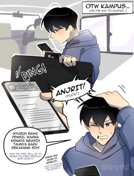 1boy areuwuu black_eyes black_hair blue_hoodie bus clenched_teeth hair_between_eyes hand_on_own_head highres holding holding_phone holding_suitcase hood hood_down hoodie kim_dokja male_focus motor_vehicle omniscient_reader&#039;s_viewpoint one_eye_closed phone short_hair sitting solo sound_effects suitcase sweatdrop teeth translation_request