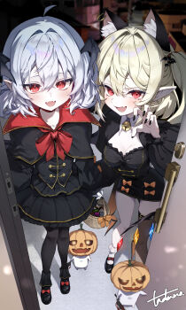 2girls 2others :d absurdres ahoge alternate_costume animal_ear_fluff animal_ears bat_hair_ornament bat_wings bell black_capelet black_dress black_nails black_pantyhose black_shirt black_shoes black_socks black_thighhighs blonde_hair bow bowtie breasts bucket candy capelet cat_ears claw_pose cleavage cleaver door double-parted_bangs dress earrings fang fangs flandre_scarlet food hair_between_eyes hair_ornament head_wings highres holding holding_bucket holding_cleaver jack-o&#039;-lantern jewelry jingle_bell long_hair long_sleeves looking_at_viewer multiple_girls multiple_others nail_polish neck_bell one_side_up open_mouth pantyhose pointy_ears puffy_long_sleeves puffy_sleeves red_bow red_bowtie red_eyes remilia_scarlet shirt shoes signature single_earring single_thighhigh skin_fang skin_fangs small_breasts smile socks standing tadano1129 thigh_strap thighhighs touhou translation_request trick-or-treating white_socks wings