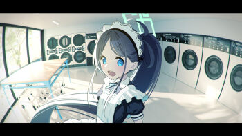 1girl apron aris_(blue_archive) aris_(maid)_(blue_archive) black_hair blue_archive blue_eyes frilled_apron frills hayako highres indoors laundry long_hair looking_at_viewer maid_apron maid_headdress official_alternate_costume official_alternate_hairstyle open_mouth ponytail puffy_short_sleeves puffy_sleeves short_sleeves smile solo very_long_hair washing_machine white_apron