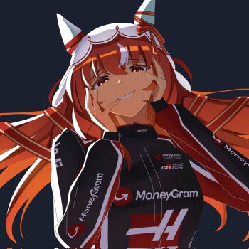 1girl animal_ears black_racing_suit bow breasts brown_hair ear_covers ear_ribbon formula_one haas_(carmaker) hair_between_eyes hair_ornament hands_on_own_face highres horse_ears horse_girl logo long_hair long_sleeves looking_at_viewer open_mouth parted_lips racing_suit red_eyes simple_background smile solo still_in_love_(umamusume) toyeeta_prius toyota umamusume upper_body veil white_streaks white_veil