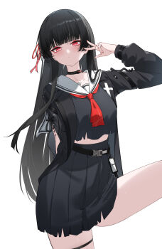 1girl absurdres arm_cutout black_choker black_hair black_jacket black_shirt black_skirt blunt_bangs breasts chisa_(wuthering_waves) choker closed_mouth clothing_cutout collarbone commentary crop_top dongye1551 feet_out_of_frame fingernails hair_ribbon hand_up highres jacket long_hair long_sleeves looking_at_viewer medium_breasts mole mole_under_eye neckerchief red_neckerchief red_ribbon ribbon sailor_collar shirt skirt solo thigh_strap thighs v very_long_hair white_sailor_collar wuthering_waves