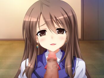 1boy 1girl ahoge aoi_masami blush brown_eyes brown_hair censored earrings game_cg harukaze_mai_(tsmg_nao!) hetero indoors jewelry large_variant_set long_hair looking_at_viewer mosaic_censoring non-web_source official_art open_mouth penis school_uniform smile solo_focus ts_magical_girl_nao upper_body variant_set