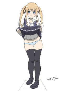 1girl black_ribbon black_shoes black_skirt black_thighhighs blonde_hair blue_eyes blue_panties blue_vest closed_mouth clothes_lift commentary_request dated dot_nose fang full_body groin hair_ribbon highres lifting_own_clothes loafers long_hair long_sleeves looking_at_viewer panties ribbon robaatosonha saenai_heroine_no_sodatekata sailor_collar sawamura_spencer_eriri school_uniform serafuku shirt shoes simple_background skirt skirt_lift solo thighhighs twintails underwear v-shaped_eyebrows vest white_background white_sailor_collar white_shirt