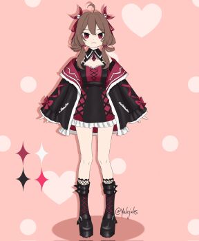 Rule 34 | 1girl, ahoge, alternate costume, alternate hairstyle, black boots, black dress, black jacket, boots, bow, brown hair, closed mouth, collared dress, commentary, double-parted bangs, dress, drop shadow, evil neuro-sama, fashion, fishnet socks, fishnets, frilled dress, frilled sleeves, frills, frown, full body, hair between eyes, hair ornament, hair ribbon, heart, highres, jacket, lace-up boots, long hair, long sleeves, looking at viewer, low twintails, neuro-sama, off-shoulder jacket, off shoulder, outstretched arms, oversized jacket, pink background, polka dot, polka dot background, red bow, red dress, red eyes, red ribbon, ribbon, ribbon-trimmed dress, ribbon-trimmed jacket, ribbon trim, shadow, skull hair ornament, sleeve bow, sleeves past wrists, socks, solo, sparkle, standing, studded footwear, symbol-only commentary, twintails, twitter username, two-tone dress, underbust, vedal ai, yulejules