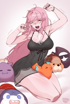 1girl absurdres armpits black_choker black_nails black_nightgown bloop_(gawr_gura) blunt_bangs blush bracelet breasts bubba_(watson_amelia) choker cleavage commentary death-sensei_(mori_calliope) drooling empire_waist english_commentary frantic_(frantickohi) highres hololive hololive_english jewelry kotori_(takanashi_kiara) large_breasts long_hair messy_hair mori_calliope mori_calliope_(sleepwear) mouth_drool nail_polish nightgown official_alternate_costume one_eye_closed open_mouth pendant_choker pink_eyes pink_hair see-through_clothes sidelocks simple_background sitting solo stuffed_animal stuffed_toy takodachi_(ninomae_ina&#039;nis) teeth upper_teeth_only very_long_hair virtual_youtuber white_background
