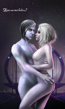 1boy 1girl absurdres ass_grab awoken bangs_pinned_back black_hair blue_skin breasts brother_and_sister colored_skin cowboy_shot crow_(destiny) destiny_(game) destiny_2 eye_contact highres holding hug incest looking_at_another mara_sov mutual_hug nude siblings small_breasts standing uldren_sov white_hair white_skin