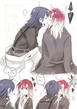 2girls black_hair black_jacket black_shirt blush brown_eyes chief_(path_to_nowhere) closed_eyes coat collared_shirt commentary_request female_chief_(path_to_nowhere) gradient_hair hangdok jacket kiss korean_text long_hair multicolored_hair multiple_girls path_to_nowhere purple_hair schorl_(path_to_nowhere) shalom_(path_to_nowhere) shirt sparkle speech_bubble thai_commentary thought_bubble translation_request white_coat white_hair white_shirt yuri