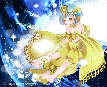 1girl arihato barefoot blue_hair blue_sky cape closed_mouth cloud commentary_request copyright_notice dress golspe_(wixoss) looking_at_viewer official_art own_hands_together sky smile solo space wixoss yellow_cape yellow_dress yellow_eyes