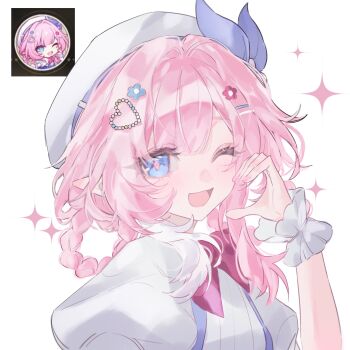 1girl ;o beret blue_eyes breasts chinese_commentary commentary_request cyrene_(aedes_elysiae)_(honkai:_star_rail) cyrene_(honkai:_star_rail) cyrene_(keeping_promise)_(honkai:_star_rail) dress half-heart_hands hat highres honkai:_star_rail honkai_(series) looking_at_viewer official_alternate_costume one_eye_closed pink_hair pointy_ears procreate_(medium) reference_inset short_hair simple_background small_breasts solo upper_body white_background white_dress zyzy666