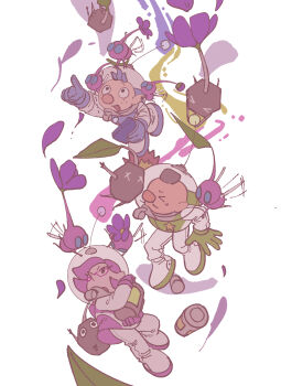 Rule 34 | > <, 1girl, 2boys, afterimage, alph (pikmin), backpack, bag, big nose, black eyes, black skin, blue bag, blue eyes, blue gloves, blue hair, brittany (pikmin), brooch, brown hair, buttons, charlie (pikmin), colored skin, falling, floating clothes, floating hair, flower, flying, freckles, full body, glasses, gloves, green bag, green gloves, happy, helmet, highres, holding, holding another's arm, holding jar, holding tablet pc, insect wings, jar, jewelry, juice, koppad, lifting person, looking ahead, miniskirt, mohawk, motion blur, multiple boys, nintendo, no mouth, open mouth, petals, pikmin (creature), pikmin (series), pikmin 3, pink bag, pink gloves, pink hair, pink skin, pink skirt, pointing, pointing forward, pointy nose, purple flower, radio antenna, red-framed eyewear, rock, rock pikmin, short hair, simple background, skirt, smile, solid circle eyes, solid oval eyes, space helmet, spacesuit, star brooch, sweatdrop, tablet pc, very short hair, whistle, white background, winged pikmin, wings, yu pikmin