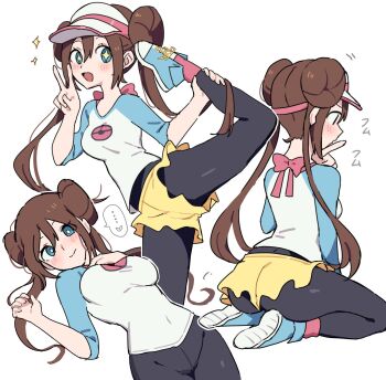 +_+ ... 1girl ass blue_eyes blue_shoes blush breasts brown_hair closed_mouth commentary_request covered_navel double_bun hair_bun hand_up highres kuru_(4rfw7) leg_up long_hair looking_at_viewer lying medium_breasts multiple_views nintendo pantyhose pokemon pokemon_bw2 raglan_sleeves rosa_(pokemon) seiza shirt shoes shorts simple_background sitting spoken_ellipsis v visor_cap white_background yellow_shorts