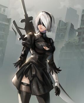 Rule 34 | 1girl, 2b (nier:automata), black dress, black gloves, black hairband, black thighhighs, blindfold, clothing cutout, dress, foxvulpine, gloves, grey background, hairband, mole, mole under mouth, nier:automata, nier (series), outdoors, parted lips, short hair, solo, sword, sword on back, thighhighs, weapon, weapon on back
