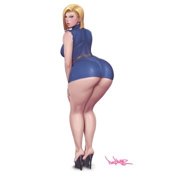 1girl android_18 ass back bad_proportions belt blonde_hair blue_eyes breasts denim denim_skirt denim_vest dragon_ball dragonball_z earrings from_behind high_heels jewelry large_breasts looking_at_viewer looking_back median_furrow paid_reward_available pinkdrawz platform_heels plump short_hair shoulder_blades simple_background skirt thick_thighs thighs
