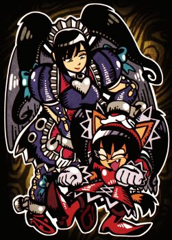 2girls armor armored_dress black_hair brown_eyes cat closed_eyes detached_sleeves dress fang fighting_vipers fighting_vipers_2 furry gloves hairband hand_on_another&#039;s_head honey_(fighting_vipers) honey_the_cat maid_headdress mr.whatshisname multiple_girls open_mouth red_lips sega simple_background skirt smile sonic_(series) sonic_the_fighters sonic_the_hedgehog_(classic) twintails