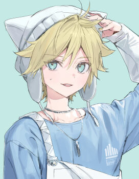 1boy beanie blonde_hair blue_shirt collarbone earflap_beanie green_background green_eyes hair_between_eyes hat jewelry kagamine_len long_sleeves male_focus naoko_(naonocoto) necklace overalls parted_lips portrait shirt simple_background sketch solo spiked_hair strap_slip sweatdrop vocaloid
