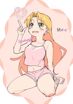 1girl :d absurdres artist_name bare_arms bare_legs bare_shoulders barefoot blonde_hair blush boyshort_panties breasts camisole collarbone commentary full_body green_eyes hand_on_own_ankle heart highres hokahoka_yudoufu index_finger_raised long_hair looking_up midriff navel open_mouth panties pink_camisole pink_panties ruri_no_houseki simple_background sitting sketch small_breasts smile solo tanigawa_ruri twitter_username underwear very_long_hair