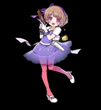 1girl :d bell belt black_background blunt_bangs blush brown_hair collarbone dress full_body gun hair_bun hair_ribbon hands_up high_heels holding holding_gun holding_weapon holster merc_storia merc_storia_art_team moco_(merc_storia) official_art open_mouth pantyhose pink_pantyhose purple_dress purple_eyes purple_ribbon ribbon see-through_clothes see-through_dress shoes simple_background smile solo standing standing_on_one_leg tachi-e two-handed weapon white_belt white_shoes