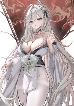 1girl 1nstill absurdres ahoge azur_lane bare_shoulders between_breasts blush breasts cleavage commentary covered_groin hair_between_eyes hair_intakes hair_ornament hakuhou_(azur_lane) hand_up highres huge_ahoge japanese_clothes kimono large_breasts long_hair long_hair_between_eyes long_sleeves mask mask_on_head obi off_shoulder pantyhose parted_lips pelvic_curtain print_kimono sash sidelocks simple_background standing thighband_pantyhose thighs very_long_hair white_background white_hair white_kimono white_pantyhose wide_sleeves yellow_eyes