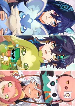 Rule 34 | 3boys, absurdres, ajaw (genshin impact), animal ears, aqua headband, bat ears, black hair, black hood, blonde hair, blue eyes, cacucu (genshin impact), closed mouth, commentary request, earrings, exif rotation, facial mark, genshin impact, green hair, hair between eyes, hat, headband, heterochromia, highres, hood, hood up, ifa (genshin impact), iktomisaurus (genshin impact), jacket, jewelry, kinich (genshin impact), long hair, male focus, multicolored hair, multicolored hat, multiple boys, open mouth, ororon (genshin impact), pink eyes, qucusaurus (genshin impact), short hair, smile, spiked ear piercing, starlit 16sky, streaked hair, teeth, white hair, white jacket, yellow eyes, yumkasaurus (genshin impact)