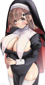 1girl asahi_(kancolle) black_dress black_veil blush braid breast_curtains breasts brown_hair cleavage commentary_request dress grey_eyes hair_ribbon highres kantai_collection large_breasts long_sleeves looking_at_viewer mole mole_under_mouth nun nun_headdress pelvic_curtain poyo_(hakoniwa_waltz) ribbon short_hair solo thighhighs veil white_ribbon white_thighhighs
