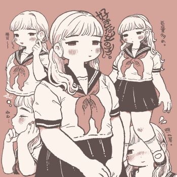 Rule 34 | 1girl, :o, arms at sides, black sailor collar, black skirt, blonde hair, blush, breasts, closed eyes, cropped torso, curly hair, dot nose, ebiebi, from side, half-closed eyes, hand on own cheek, hand on own face, hand up, hands up, highres, index finger raised, large breasts, legs apart, light smile, limited palette, long hair, looking at viewer, low twintails, medium skirt, multiple views, neckerchief, no pupils, original, pleated skirt, red background, red eyes, red nails, red neckerchief, sailor collar, shirt, shoes, short sleeves, simple background, skirt, socks, standing, thick arms, thick thighs, thighs, translation request, twintails, v arms, white shirt, white socks