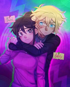 1boy 1girl alternate_costume alternate_hairstyle alternate_universe artist_name aubrey_(faraway)_(omori) aubrey_(omori) basil_(faraway)_(omori) basil_(omori) black_eyes black_hair body_switch breasts bright_pupils closed_mouth double-parted_bangs hair_between_eyes highres hug hug_from_behind long_sleeves looking_at_another medium_breasts omori personality_switch pink_sweater ribbed_sweater scar scar_on_face scar_on_hand scar_on_neck short_hair sidelocks smile sweater white_pupils zoewillowz