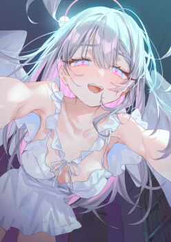 1girl collarbone heart heart-shaped_pupils highres misekiss multicolored_hair original pajamas pov symbol-shaped_pupils two-tone_hair wings yukadon