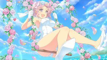 +_+ 1girl ass beach blue_eyes blue_sky blush bow breasts bridal_lingerie bride cloud day dress falling_petals flower flower-shaped_pupils flower_swing gloves hair_bow hair_flower hair_ornament hibari_(senran_kagura) high_heels horizon large_breasts leotard lingerie looking_at_viewer mountainous_horizon ocean official_alternate_costume official_art on_swing open_mouth outdoors petals pink_flower pink_hair pink_rose purple_flower purple_rose ribbon rose senran_kagura senran_kagura_new_link senran_kagura_shoujo-tachi_no_shin&#039;ei short_hair short_twintails sky smile solo swing swing_set swinging swinging_on_swing symbol-shaped_pupils twintails underwear water wedding_dress white_flower white_footwear white_leotard white_rose yaegashi_nan