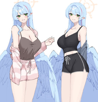 1girl absurdres alternate_costume black_shorts black_tank_top blue_archive blue_hair blue_wings blush breasts cleavage closed_mouth commentary dolphin_shorts feathered_wings green_eyes grey_jacket grin halo highres jacket large_breasts long_hair looking_at_viewer low_wings mine_(blue_archive) open_clothes open_jacket pink_jacket pink_shorts pointy_ears seele0907 shorts sidelocks smile striped_clothes striped_jacket striped_shorts tank_top wings yellow_halo