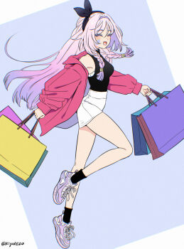 Rule 34 | 1girl, alternate costume, bag, black headband, black shirt, black socks, blush, braid, braided sidelocks, breasts, citlali (genshin impact), closed eyes, commentary request, facial mark, full body, genshin impact, gradient hair, headband, high-waist skirt, holding, holding bag, jacket, kiyokezo, knee up, long hair, medium breasts, multicolored hair, open clothes, open jacket, open mouth, pink hair, pink jacket, shirt, shoes, shopping bag, skipping, skirt, sleeveless, sleeveless shirt, smile, sneakers, socks, solo, white skirt