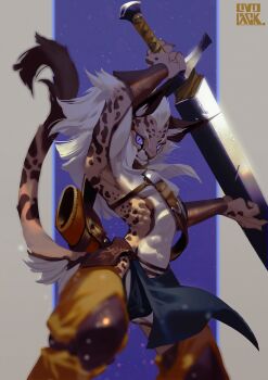 1boy animal_ears arm_up artist_name blunt_ends body_fur bracer cat_boy cat_ears cat_tail chest_harness cowboy_shot furry furry_male greatsword harness highres holding holding_sword holding_weapon knee_pads legs_apart looking_at_viewer lynx male_focus medium_hair murayama_ryota orange_fur orange_pants original outside_border pants pelvic_curtain pillarboxed purple_background purple_eyes scratches simple_background slit_pupils solo spots standing sword tail tail_raised weapon whiskers white_hair