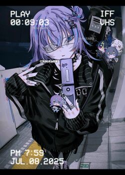 1boy alternate_costume artist_name black_jacket black_nails black_pants cellphone charm_(object) choker eyepatch flip_phone foreshortening hair_between_eyes hair_bun highres holding holding_phone hoshirube_sho inami_rai inami_rai_(1st_costume) instrument_case jacket jewelry koyanagi_rou koyanagi_rou_(1st_costume) long_hair looking_at_viewer male_focus multicolored_hair multiple_rings murakumo_kagetsu murakumo_kagetsu_(1st_costume) nijisanji one_side_up open_mouth pants phone purple_hair ring solo spiked_choker spikes streaked_hair tile_floor tiles virtual_youtuber xdoxa89