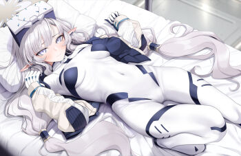 1girl blue_archive blush bodysuit breasts commentary_request covered_navel fed_(giba) halo himari_(armed)_(blue_archive) himari_(blue_archive) indoors long_hair lying pointy_ears purple_eyes small_breasts solo white_hair