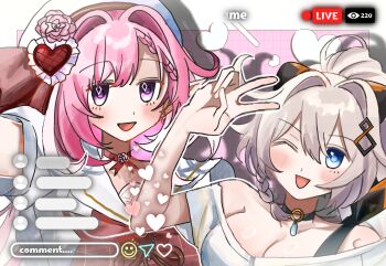 115date 2girls ;o ahoge animal_ear_hairband animal_ears bare_shoulders beret breasts cat_ear_hairband cat_ears cleavage commentary_request diamond-shaped_pupils diamond_(shape) dress elf elysia_(hi_love_elf)_(honkai_impact) elysia_(honkai_impact) fake_animal_ears hairband hat highres honkai_(series) honkai_impact_3rd kiana_kaslana large_breasts livestream long_hair multicolored_hair multiple_girls one_eye_closed pink_hair pointy_ears purple_eyes red_dress shirt smile symbol-shaped_pupils two-tone_hair v white_hair white_shirt
