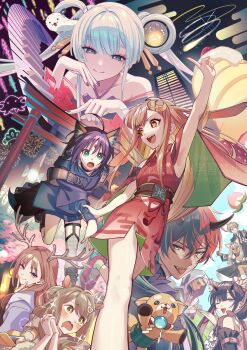 4boys 6+girls absurdres aerial_fireworks ahoge animal_ear_fluff animal_ears antlers aqua_eyes arm_up ayatsumugi_roka belt black_hair blue_eyes brown_eyes brown_hair cho_kaguya-hime! chuken_otako commentary_request crescent crescent_hair_ornament crossdressing crossdressing_(mtf) dark-skinned_female dark_skin deer_antlers disco_ball dog dog_ears everyone facial_mark fireworks forehead_mark fushi_(cho_kaguya-hime!) grey_hair hair_ornament hair_rings hair_stick highres holding_another's_arm hood hood_up horns index_finger_raised interlocked_fingers inudoge isayama_mami japanese_clothes kaguya_(cho_kaguya-hime!) kimono komazawa_noi komazawa_rai lop_rabbit_ears mikado_akira_(cho_kaguya-hime!) multiple_boys multiple_girls nail_polish narahazime obi obijime okkoteru_koto one_eye_closed orange_eyes own_hands_together piercing purple_eyes purple_hair purple_nails rabbit_ears runami_yachiyo sakayori_iroha sash single_fishnet_legwear squirrel_ears tongue tongue_out tongue_piercing torii v v_over_mouth watermark wavy_mouth white_hair yellow_eyes