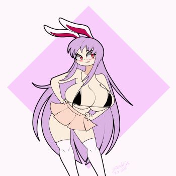 1girl animated animated_gif bikini blush bouncing_breasts breasts female_focus highres huge_breasts large_breasts long_hair looking_at_viewer purple_hair rabbit_ears rabbit_girl red_eyes reisen_udongein_inaba skirt solo standing swimsuit thighhighs thong touhou white_thighhighs zedrin