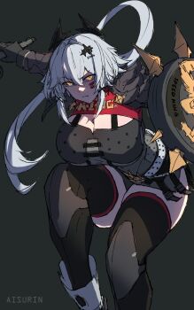 1girl absurdres aisurin1st black_background black_shirt black_thighhighs breasts caesar_king_(zenless_zone_zero) caesar_king_(zenless_zone_zero)_(cosplay) cleavage closed_mouth commentary cosplay english_commentary highres holding holding_shield holding_sword holding_weapon indie_virtual_youtuber large_breasts looking_at_viewer ponytail shield shirt solo sword thighhighs virtual_youtuber weapon yellow_eyes zenless_zone_zero zentreya zentreya_(cyborg) zettai_ryouiki