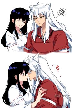 1boy 1girl absurdres animal_ears bead_necklace beads black_hair closed_eyes couple cropped_torso dog_boy dog_ears hair_between_eyes hand_on_another&#039;s_shoulder hetero highres higurashi_kagome imminent_kiss inuyasha inuyasha_(character) japanese_clothes jewelry light_blush long_hair miko multiple_views necklace parted_lips red_shirt shirt sidelocks smile spoken_squiggle squiggle straight_hair tiroma tooth_necklace twitter_username upper_body white_background white_hair white_shirt yellow_eyes