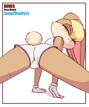 1girl animated animated_gif ass basketball_uniform blonde_hair blue_eyes blush brown_fur diives english_text furry gloves highres lola_bunny long_ears looney_tunes open_mouth pants rabbit_ears rabbit_tail shirt space_jam split sportswear thighs warner_bros. white_background white_pants white_shirt