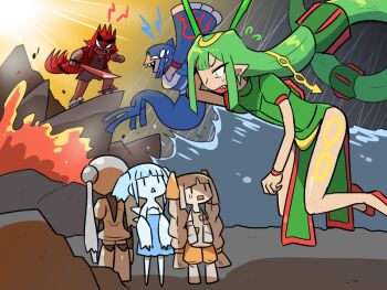 1boy 5girls absurdly_long_hair blank_eyes blue_hair bracelet brown_hair china_dress chinese_clothes donbe_(kasugai_(de-tteiu)) dress eyewear_on_head fighting flying flying_sweatdrops gen_3_pokemon green_hair grey_hair groudon holding holding_sword holding_weapon ice_(kasugai_(de-tteiu)) jewelry kasugai_(de-tteiu) kyogre lava legendary_pokemon long_hair mermaid monster_girl multiple_girls murasame_(kasugai_(de-tteiu)) nintendo personification pokemon rain rayquaza red_hair regice regirock registeel rock_(kasugai_(de-tteiu)) sharp_teeth shout_lines sidelocks steel_(kasugai_(de-tteiu)) storm sunglasses sunlight sword teeth tensei_(kasugai_(de-tteiu)) twintails very_long_hair waves weapon yellow_eyes |_|