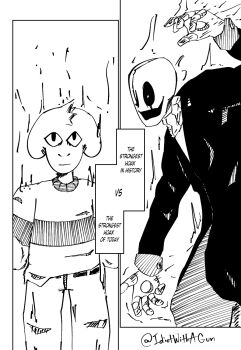 2boys comic_panel_redraw derivative_work english_text furry furry_male goat_boy greyscale hatching_(texture) highres hole_in_hand idiotwithagun jujutsu_kaisen monochrome multiple_boys open_mouth signature single_horizontal_stripe striped_clothes striped_sweater sweater togore_dreemurr undertale utdr_(toby_fox) w.d._gaster
