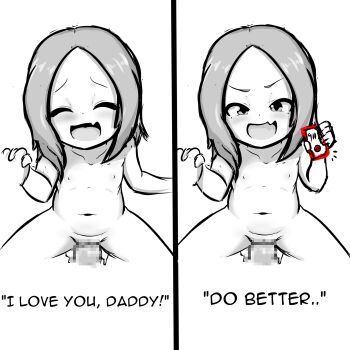 1boy 1girl age_difference backstreetgirl cellphone censored closed_eyes english_text fang father_and_daughter femdom flat_chest happy_sex hetero highres holding holding_hands holding_phone incest karakai_jouzu_no_takagi-san loli looking_at_viewer nipples nishikata_chii nude open_mouth penis phone pussy sex skin_fang smartphone smile talking threatening vaginal