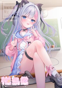 1girl absurdres animal_ears ankle_bow ankle_ribbon artist_logo artist_name black_bow black_choker black_shoes blue_eyes blue_sailor_collar blue_skirt blush bow bowtie cardigan center-flap_bangs choker classroom commentary commission crossed_legs demon_tail desk double-parted_bangs fang flower foot_out_of_frame footwear_bow frilled_sailor_collar frills gingham_bow gingham_bowtie grey_bow grey_hair hair_bow hand_up highres indie_virtual_youtuber indoors kabashima_hana leg_ribbon leg_up logo long_sleeves looking_at_viewer miniskirt multicolored_hair nanase_yui_(vtuber) on_desk open_cardigan open_clothes open_mouth pink_bow pink_bowtie pink_cardigan plaid_clothes plaid_skirt ribbon sailor_collar school_desk school_uniform serafuku shirt shoes sitting skirt smile smug socks solo streaked_hair tail thigh_strap twitter_username two_side_up v-shaped_eyebrows watermark white_shirt white_socks