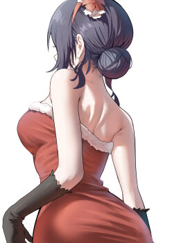 1girl absurdres asaka_karin back bare_shoulders black_gloves black_hair breasts commentary_request dress elbow_gloves from_side fur-trimmed_dress fur_trim gloves hair_bun highres large_breasts love_live! love_live!_nijigasaki_high_school_idol_club median_furrow red_dress santa_costume santa_dress simple_background single_hair_bun solo white_background yuu_(shampoohatslime)