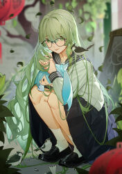 Rule 34 | 1girl, absurdres, alternate costume, bird, black footwear, blurry, blurry background, commentary request, curvy, falling leaves, fang, full body, glasses, green eyes, green hair, highres, holding, holding stuffed toy, honkai (series), honkai impact 3rd, jinjide shaonian, leaf, long hair, looking at viewer, miyouji, mobius (honkai impact), pleated skirt, sailor collar, sailor shirt, school uniform, shirt, sitting, skirt, slit pupils, smile, socks, solo, stuffed toy, thighs, tongue, tongue out, white socks