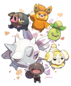 :d animal_focus arm_up artist_name blush bright_pupils brown_eyes cetitan commentary_request dog fidough full_body highres lechonk looking_at_viewer makoto_ikemu nintendo no_humans open_mouth paldean_wooper pawmi pig pokemon pokemon_(creature) signature simple_background smile smoliv solid_circle_eyes triangle_mouth wavy_mouth white_background white_pupils