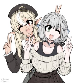Rule 34 | 2girls, blonde hair, dark-skinned female, dark skin, double v, green eyes, grey hair, highres, hololive, long hair, looking at viewer, multiple girls, official alternate costume, one eye closed, open mouth, pazitalron, pointy ears, red eyes, shiranui flare, shiranui flare (street), shirogane noel, shirogane noel (casual), short hair, smile, v, virtual youtuber, white background