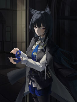 1girl adjusting_clothes adjusting_gloves animal_ear_fluff animal_ears arknights black_hair black_jacket black_pantyhose black_vest blue_gloves blue_necktie blue_shorts breasts brown_eyes closed_mouth collared_shirt gloves hair_between_eyes half-closed_eye hands_up indoors jacket jacket_on_shoulders long_hair long_sleeves looking_at_viewer medium_breasts necktie pantyhose pantyhose_under_shorts puffy_long_sleeves puffy_sleeves shirt short_shorts shorts solo standing texas_(arknights) texas_the_omertosa_(arknights) uneven_eyes very_long_hair vest white_shirt winterflower